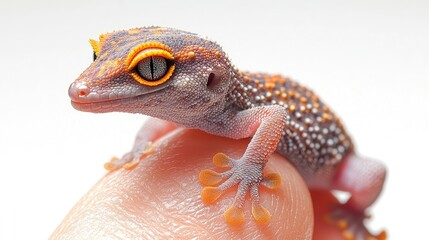 Obraz premium Close-up of a vibrant gecko perched on a human finger against a soft background