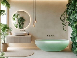 Levanto bathroom with smooth plaster walls transitioning from sand to soft jade, illuminated by...