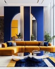 Levanto maximalist lounge with sapphire blue walls, a modular mustard velvet sofa, neon lit decor, and a sculptural chrome table reflecting bold color