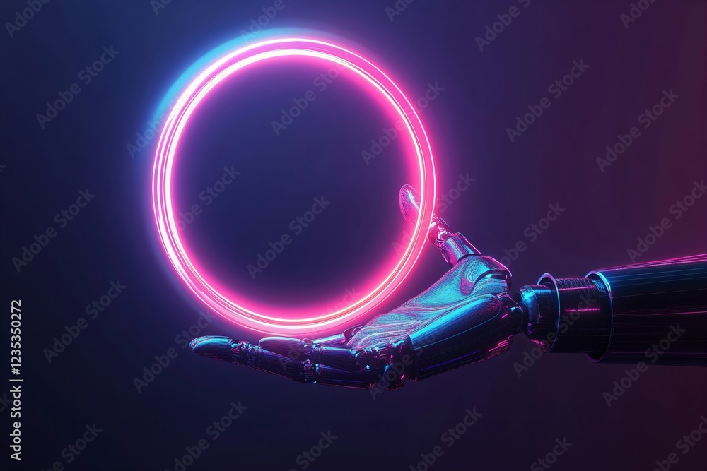 Poster robotic hand holding glowing neon empty ring with space for text or design in center on dark backgro