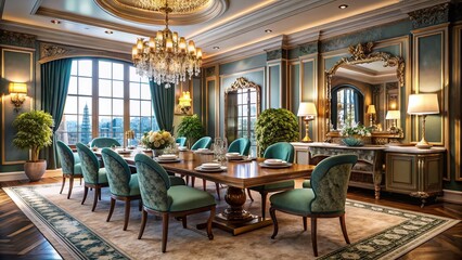 Fototapeta premium Sophisticated Dining Room with Opulent Decor and Plush Furnishings