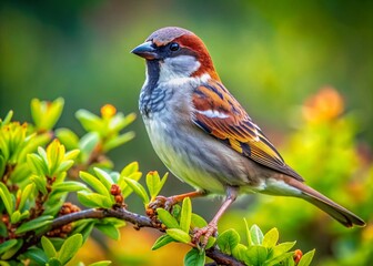 Sparrow Perched on Tree Branch