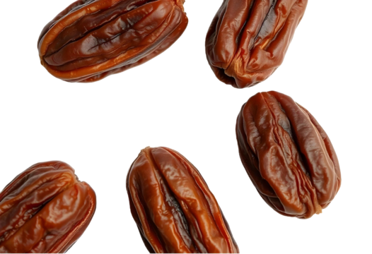 Dried Dates Delight:  A scattering of rich, dark brown dried dates, their wrinkled textures and glossy surfaces highlighted against a clean backdrop.  Each date is captured in sharp detail.