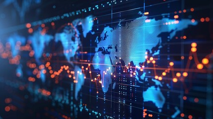 Fototapeta premium Global data network and technology concepts visualized on a detailed world map with connections data visualization and digital communication symbols