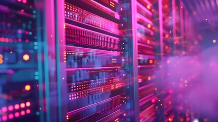 Vibrant Technological Backdrop with Illuminated Server Racks and Digital Data Landscape  Futuristic and modern data center or cloud computing infrastructure concept