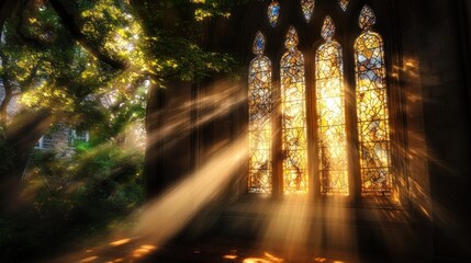 Sunlight Streaming Through Stained Glass Window in Church