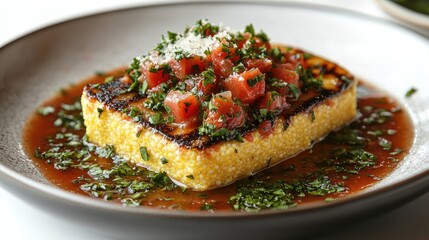 Grilled polenta topped with fresh tomatoes and herbs on a stylish plate