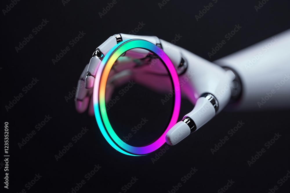 Poster robotic hand holding glowing neon empty ring with space for text or design in center on dark backgro