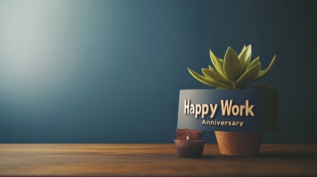 3D Render of Desk with Happy Work Anniversary Banner and Small Plant Isolated Background