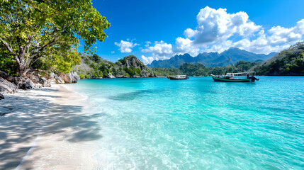 Obraz premium Traditional wooden boats float on crystal clear turquoise water near a white sand beach with lush green trees.