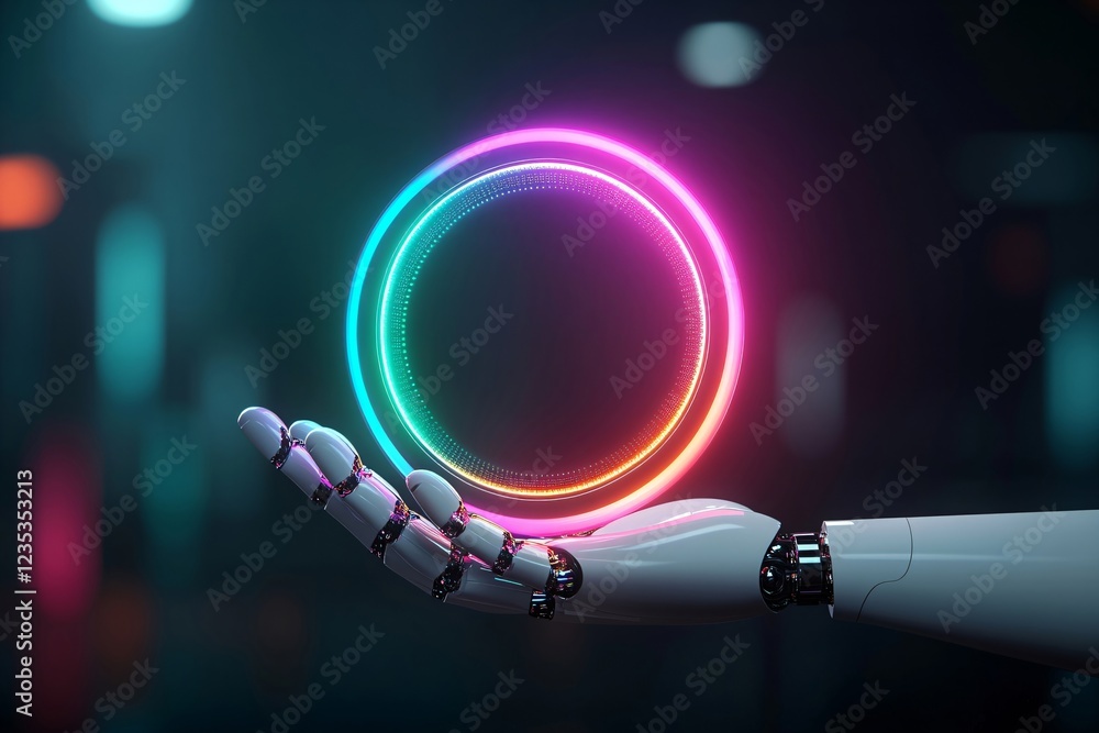 Poster robotic hand holding glowing neon empty ring with space for text or design in center on dark backgro