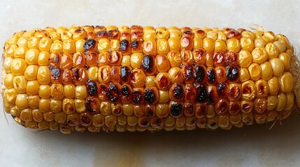 Grilled corn on the cob with charred kernels on a light marble background