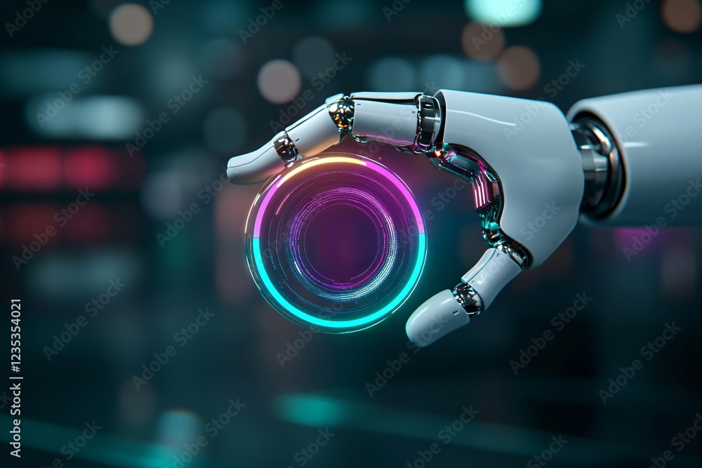 Poster robotic hand holding glowing neon empty ring with space for text or design in center on dark backgro