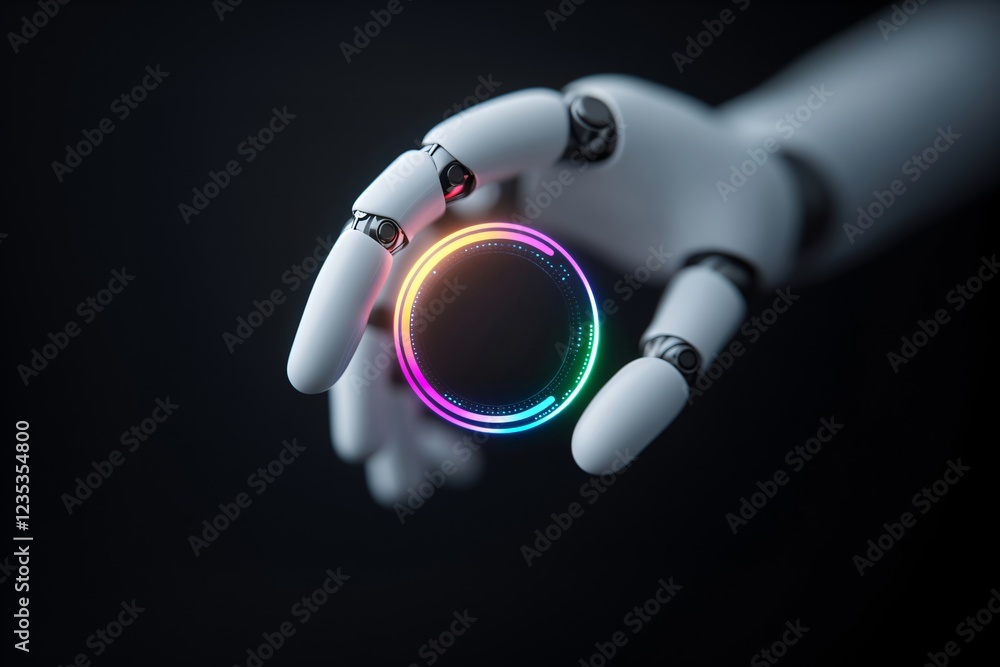 Poster robotic hand holding glowing neon empty ring with space for text or design in center on dark backgro
