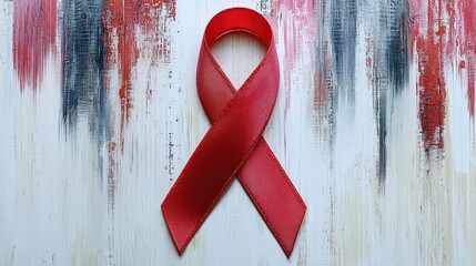 Red ribbon symbolizing awareness on a textured background with artistic brush strokes