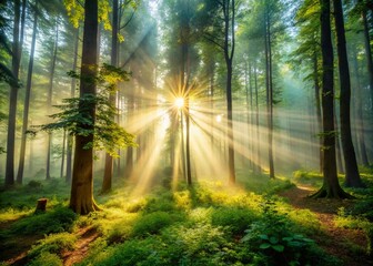 Naklejka premium Sunbeams Piercing Foggy Forest: Mystical Woodland Scene
