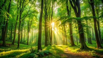 Sun Dappled Summer Forest: Lush Green Background, Soft Focus
