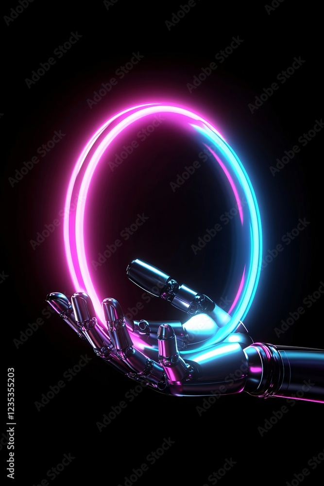 Poster robotic hand holding glowing neon empty ring with space for text or design in center on dark backgro