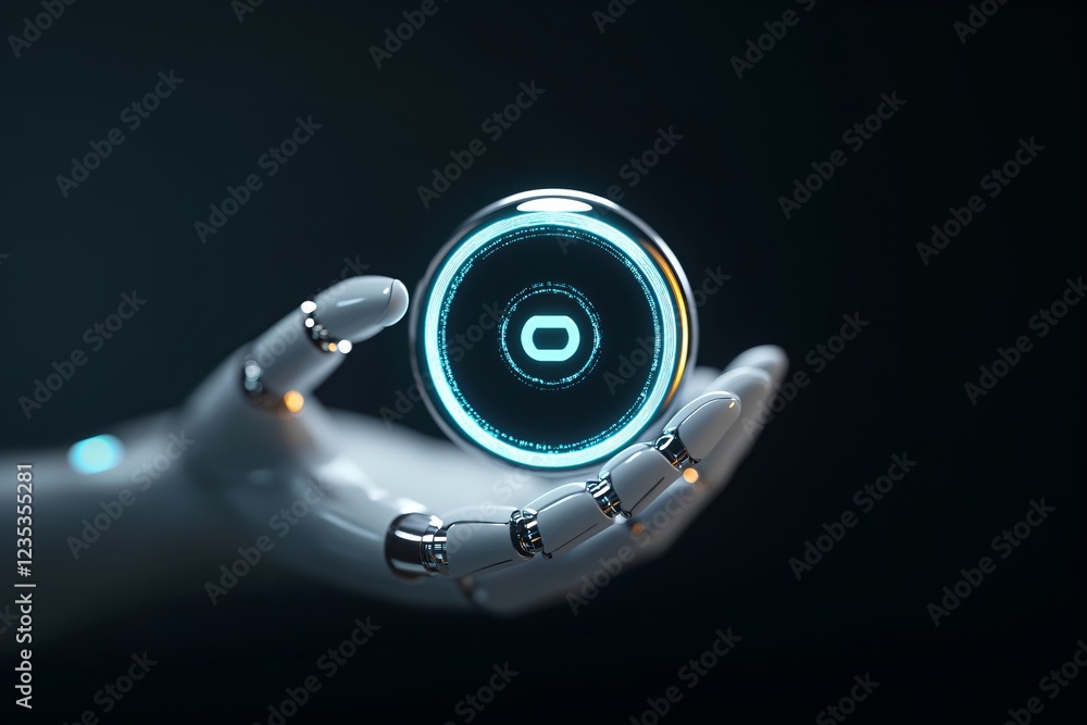 Poster robotic hand holding glowing neon empty ring with space for text or design in center on dark backgro