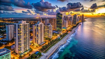 Obraz premium Sunny Isles Beach Aerial: Luxury Highrises & Atlantic Ocean at Dusk