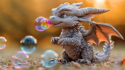 Obraz premium Adorable Baby Dragon Figurine Blowing Bubbles in a Magical Autumn Setting