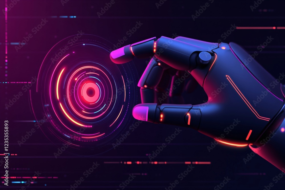 Poster robotic hand holding glowing neon empty ring with space for text or design in center on dark backgro