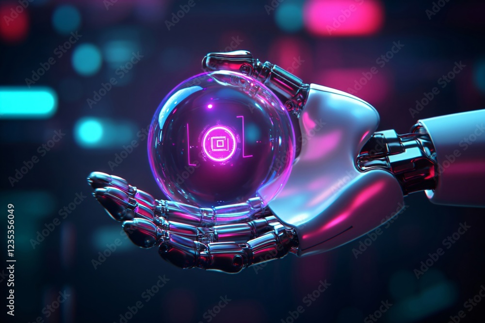 Poster robotic hand holding glowing neon empty ring with space for text or design in center on dark backgro