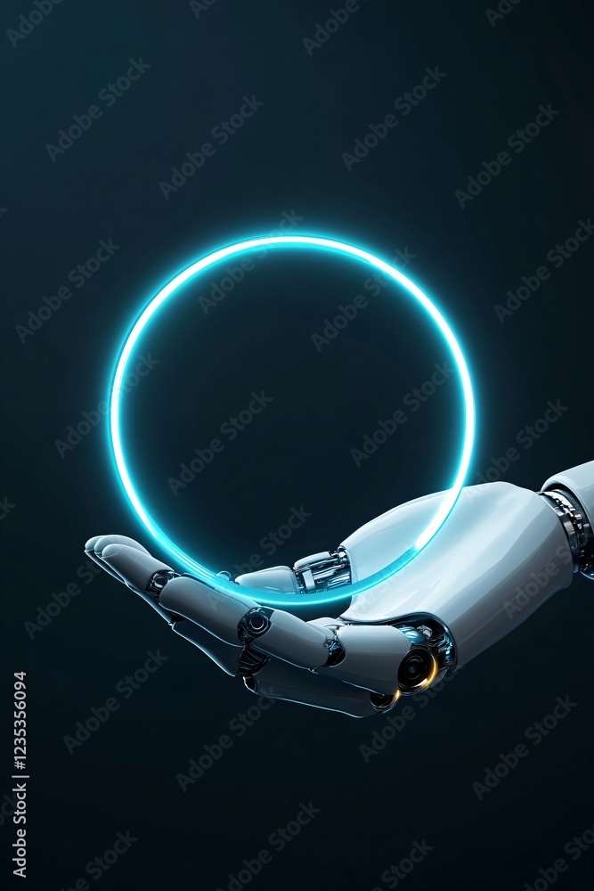 Poster robotic hand holding glowing neon empty ring with space for text or design in center on dark backgro