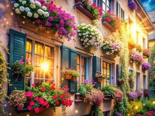 Naklejka premium Surreal Blooming Window Boxes: Dreamlike Residential Facade
