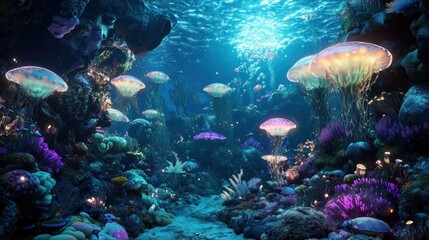 Fototapeta premium Underwater Bioluminescent Jellyfish and Coral Reef