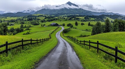Obraz premium Winding road through green hills to mountain farmhouse