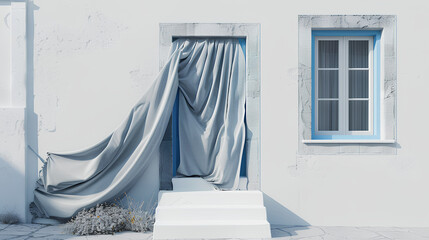 white Greek house with a blue door, window, and stairs covered by gray fabric.