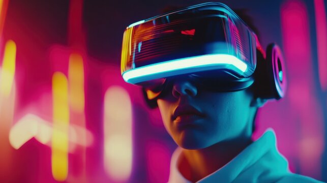 A person wearing VR glasses immersed in a virtual reality world, symbolizing immersive technology experiences, Modern lifestyle scene