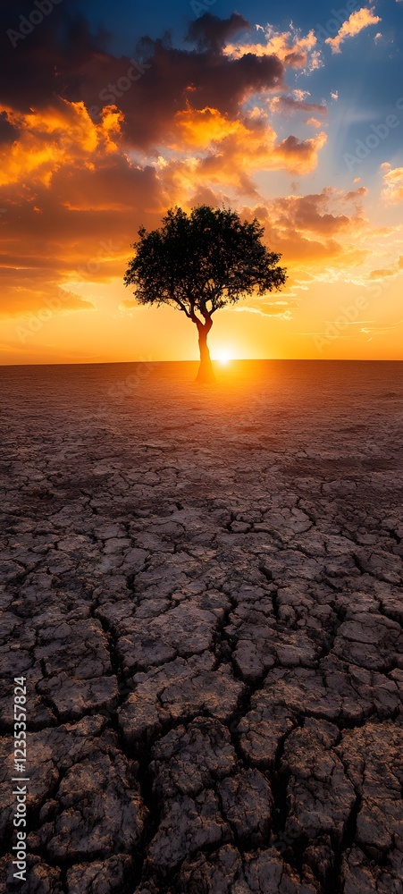 Aufkleber a simple yet powerful image of a lone tree standing in the middle of a barren field at sunset
