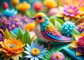 Obraz premium Tilt-Shift Pastel Bird Paper Craft Art: Vibrant Floral Design