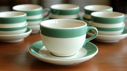 Green and white striped teacups and saucers on a table