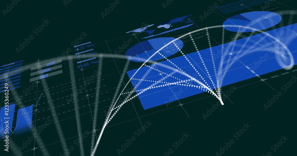 Aufkleber dna strand and data visualization image over world map and charts