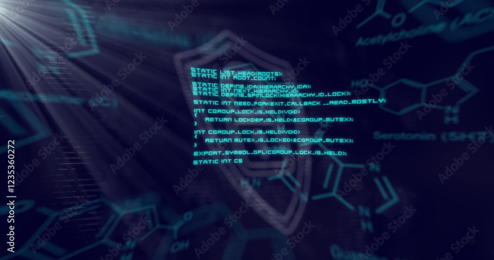 Poster digital lock and shield security image over chemical formulas background