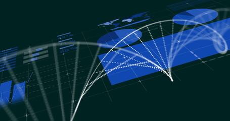 DNA strand and data visualization image over world map and charts