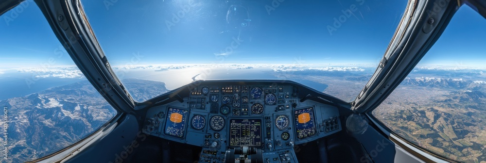 Poster cockpit view of an airplane flying over coastal landscape with clear skies and distant mountains dur