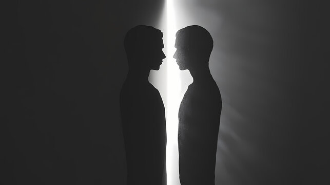 Light & shadow divide: a stark visual of light and shadow, embodying contrast and duality. minimalist monochrome background. chiaroscuro lighting. illustration. Chiaroscuro Contrast. Illustration