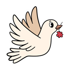 Groovy retro dove of peace with flower in beak. Valentine day illustration.