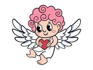 Groovy retro cupid flying in the air with a heart in his hands. Cute character for Valentine's day.