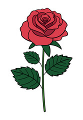 Groovy rose sticker. Retro red rose with leaves and dynamic stroke.