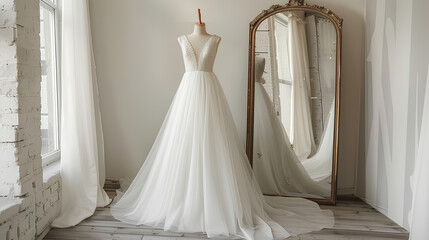 white A-line evening dress with a beaded bodice and long train, floor-length, no jewelry on the shoulders, no shoes in front of a white wall mirror with a full-body reflection.
