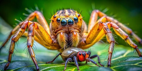 Fototapeta premium Vertical Portrait of a Variable Crab Spider with a Fly