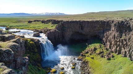 Fototapeta premium Icelandic waterfall cascade, rugged landscape, sunny day, travel background