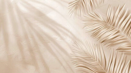 White line drawing of palm leaves on a beige background, simple and elegant, with subtle shadowing for depth