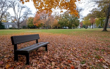 A quiet park is adorned with vibrant autumn leaves scattered across the ground. A simple wooden bench sits invitingly among the fallen foliage under a gray sky