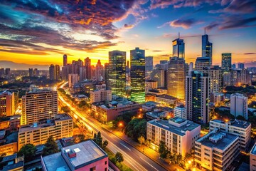 Fototapeta premium Vibrant City Skyline Dusk: Modern Architecture & Illuminated Streets